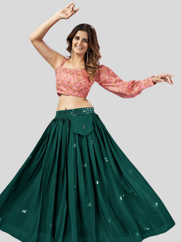 Green Color Amazing Top With Skirt In Art Silk Fabric