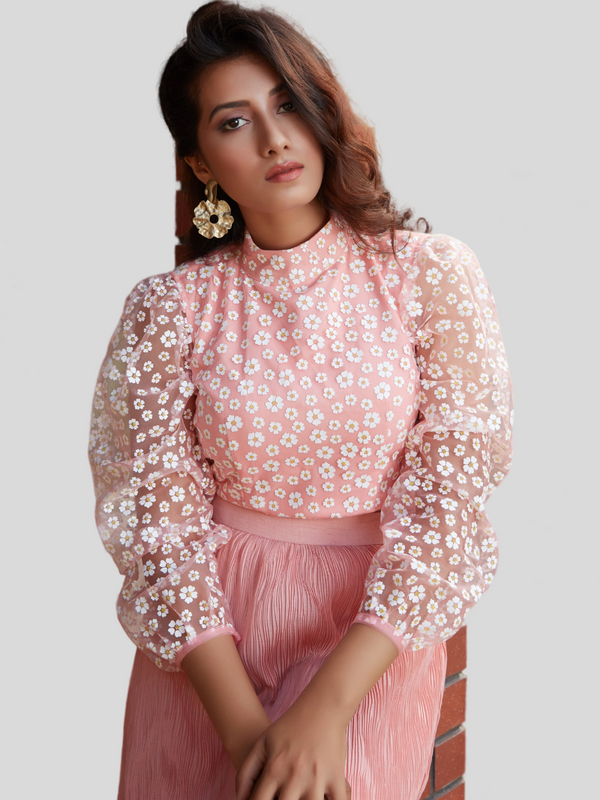 Pink Color Fancy Fabric Party Wear Indo Western Top And Printed Skirt