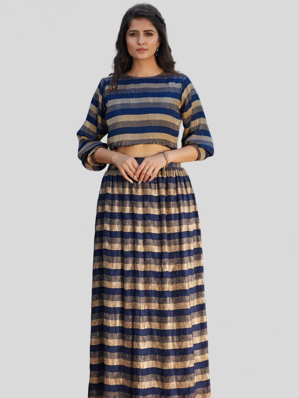 Navy Blue Color Function Wear Designer Indo Western Top And Printed Skirt