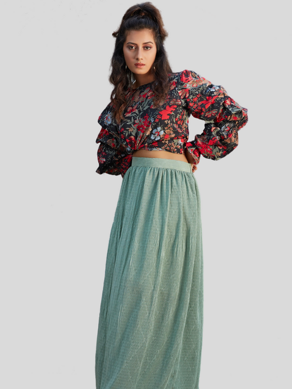 Sea Green Color Fancy Fabric Party Wear Indo Western Top And Printed Skirt