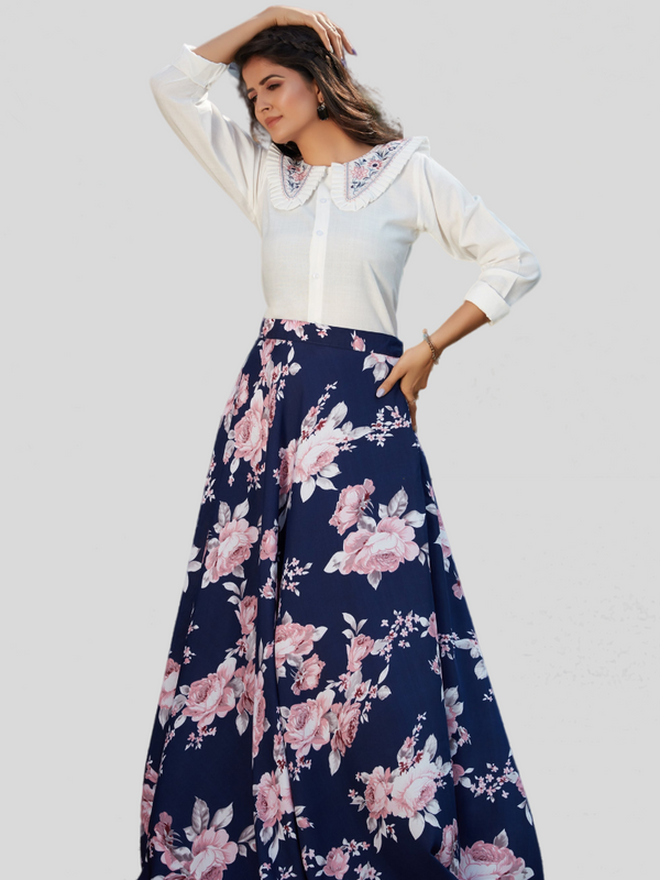 Navy Blue Crepe Silk Fabric Party Wear Indo Western Top And Printed Skirt