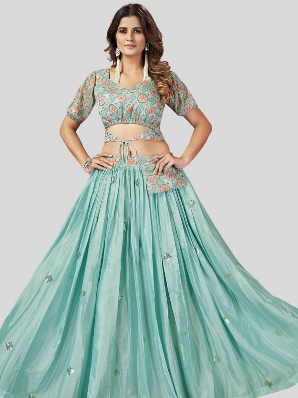 Sea Green Color Art Silk Fabric Princely Top With Skirt