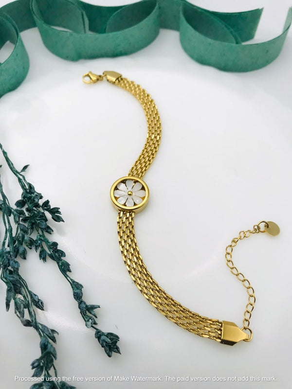 Catchy Gold with Watch Shape Design with white Flower Element Bracelet