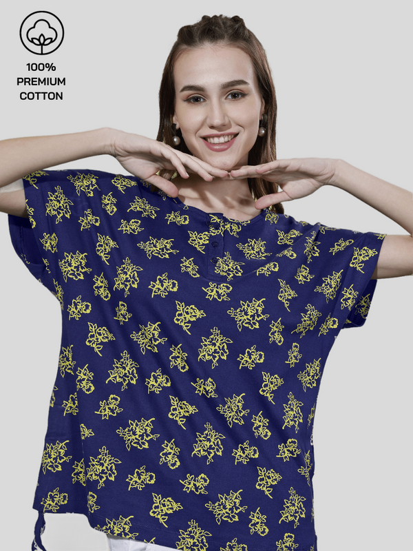 Navy Blue Yellow Printed OverSized Top Oversized