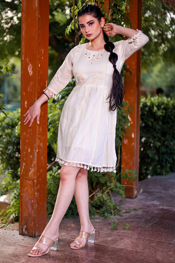 Off White Color Cotton Thread Hand Work Stunning Kurti