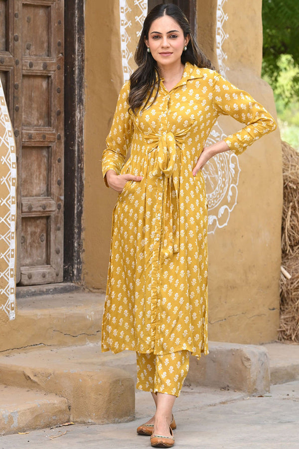 Fancy Fabric Mustard Color Printed Spectacular Kurti With Bottom