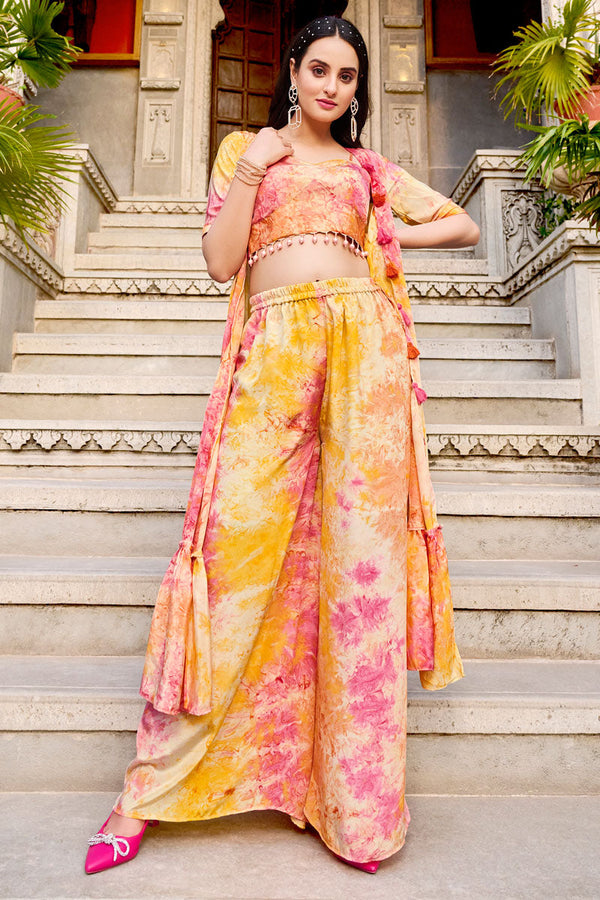 Yellow Stylish Art Silk Readymade Palazzo Suit With Koti