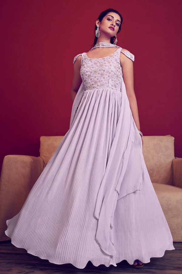 Georgette Readymade Gown With Dupatta In Lavender Color Sequins Work