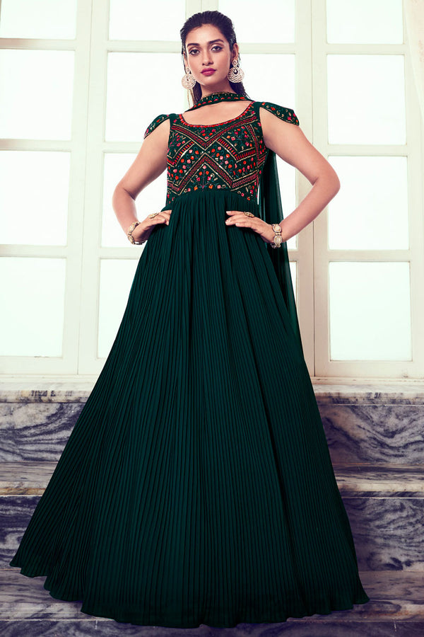 Sequins Work Dark Green Readymade Gown With Dupatta In Georgette Fabric