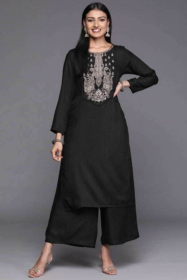 Black Pashmina Embroidered Work Readymade Top With Bottom Set