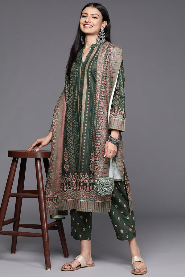 Green Velvet Printed Readymade Top With Bottom Dupatta Set