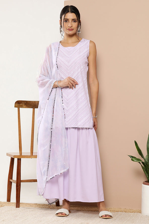 Lavender Crepe Printed Readymade Top With Bottom Dupatta Set