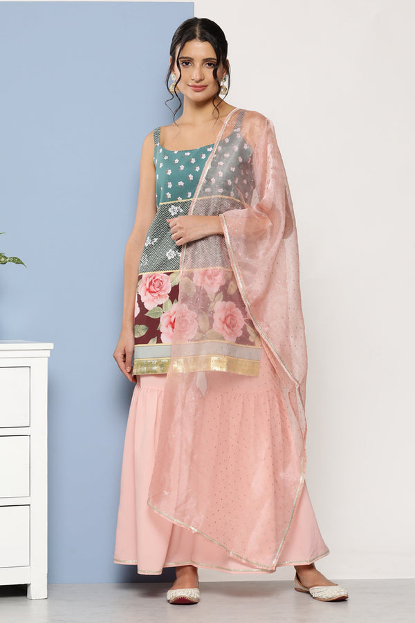 Multi Crepe Printed Readymade Top With Bottom Dupatta Set