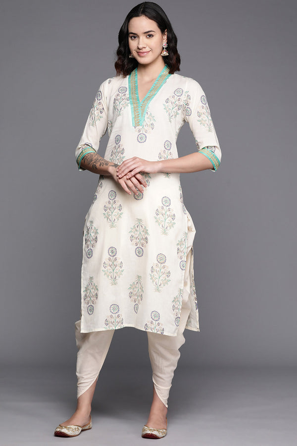 Off White Cotton Floral Printed Readymade Top With Bottom Set