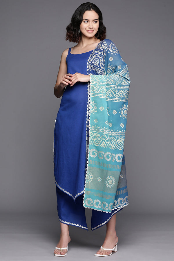 Blue Cotton Solid Readymade Top With Bottom Dupatta Set