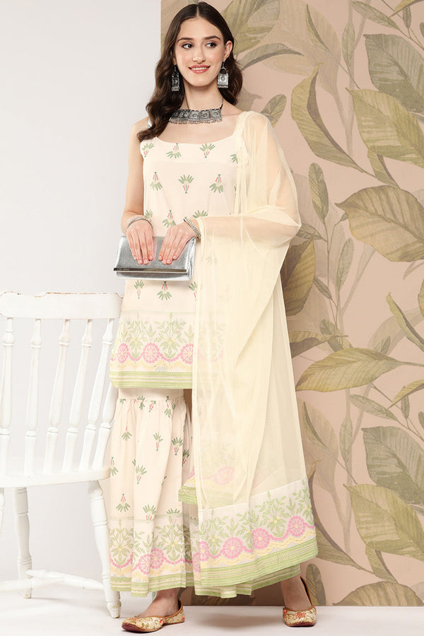 Off White Crepe Floral Printed Readymade Top With Bottom Dupatta Set