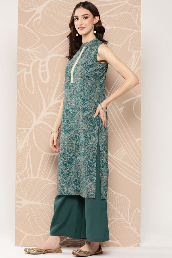 Dark Green Crepe Floral Printed Readymade Top With Bottom Set