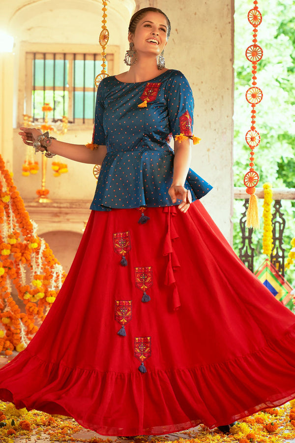 Navratri Special Readymade Top Skirt Set In Red Color