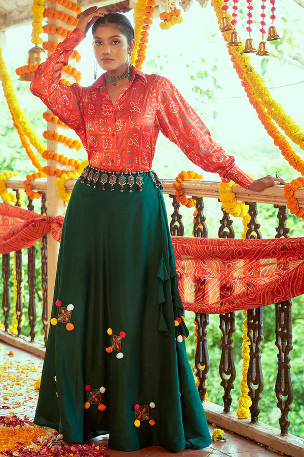 Navratri Special Readymade Top Skirt Set In Green Color