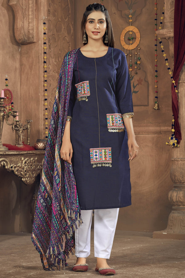 Navratri Special Readymade Designer Salwar Kameez In Navy Blue Color